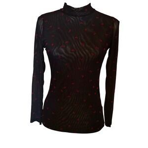 Vintage J for Justify Black Mesh Mock Neck Long Sleeve Shirt Red Hearts VTG Y2K